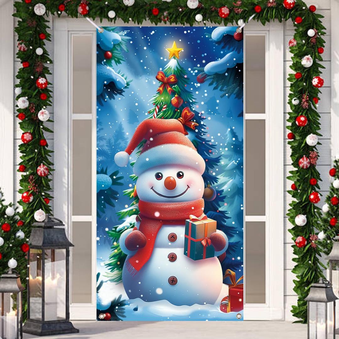 DIYASY Christmas Door Cover, Front Door Covers Holiday Wall Decorations Merry Xmas Snowman Backdrop Banner for Indoor Outdoor Home Office Classroom Decor