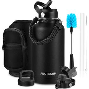 ABOTOCUP 64oz Water Bottle with Powder Coated, Stainless Steel Insulated Water Bottle with Straw Lids&Paracord Handle, Half Gallon Water Bottle Double Wall Leak-proof BPA Free, Water Jug Keep Cold&Hot