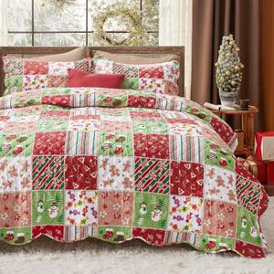 Bedsure Christmas Quilt Set Queen - Red Quilts for Queen Size Bed, Multicolor Patchwork Printed Pattern Christmas Bedding Set - Soft Microfiber Lightweight Coverlet Bedspread (90"x96", 3 Pieces)