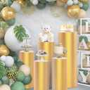 Babenest Gold Cylinder Pedestal Stand Covers Set of 5, Spandex Vintage Fitted Round Pedestal Covers, Elastic Cloth Pillar Plinth Cover for Birthday Wedding Party Reception Decoration(Without Stands)