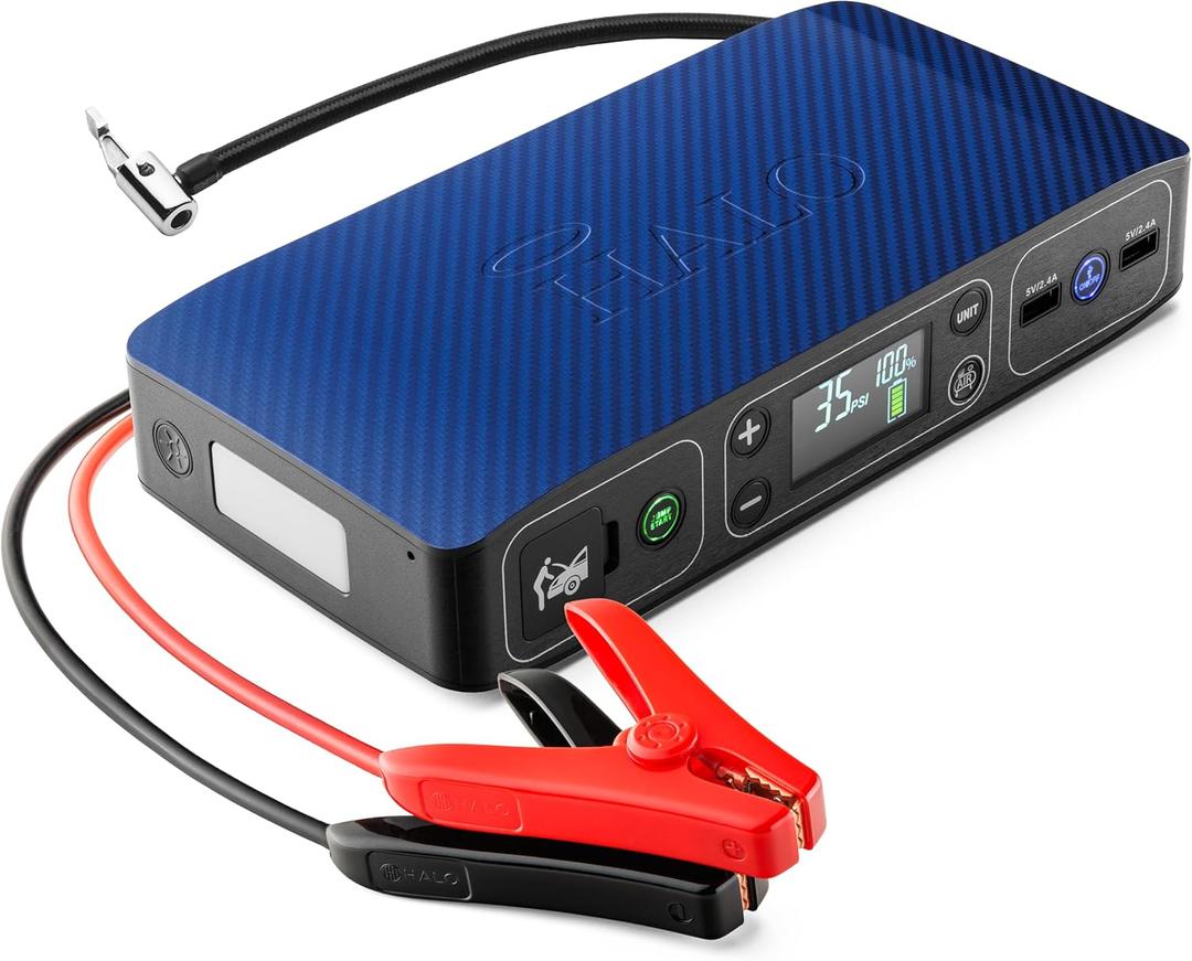 HALO Bolt Air 58830 Portable Car Battery Jump Starter | 100 PSI Air Compressor, 58.8Wh USB Power Bank, Emergency Floodlight & Charger, Jumps Cars SUVs & Trucks, Inflates Tires, TSA Approved  Blue