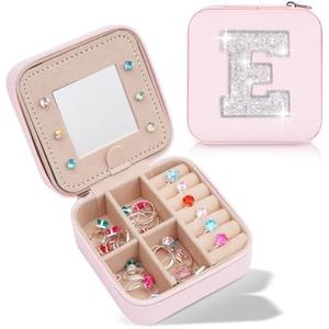 Uygafly Travel Essentials for Girl - Travel Accessories Travel Stuff, Mini Jewelry Organizer Jewelry Case for Traveling,Cute Personalized Jewelry Box, Birthday Gifts for Girls Women - Pink Box | White E, Pack of 2