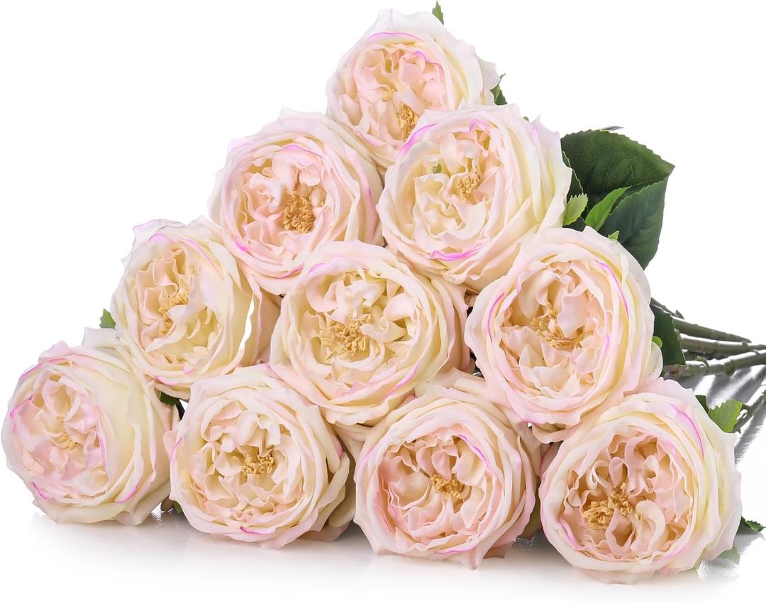 Daifunli 10pcs Real Lifelike Peonies Artificial Flowers, Faux Austin Rose with Long Stem Look Real Fake Flower for Christmas Valentines Arrangement Wedding Party Home Kitchen Decor(Flesh Pink)