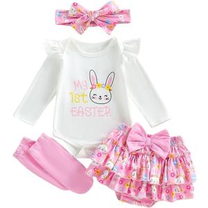 Baby Girls 4PCS Easter Shorts Long Sleeve Letter Bunny Print Romper Shorts Headband Leg Warmers Outfits