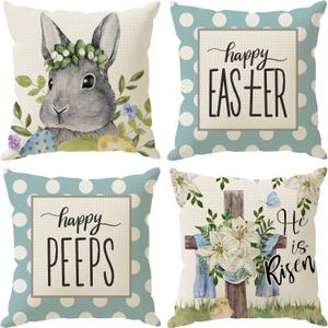 Bunny Eggs Cross Flowers Rabbit Easter Pillow Covers Throw Pillow Cases Set of 4 Decorations for Farmhouse Home Sofa Couch Cushion Cover Party Holiday Decor 16x16 Inch