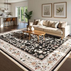 Softlife Washable Rug for Living Room, Black Pink Non-Slip Rugs for Kitchen, 6x9 Oriental Indoor Mat Under Dinning Table, Mordern Print Home Carpets with Rubber Backing for Kids