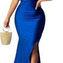 Women Sexy Off Shoulder Elegant V Neck Short Sleeve Wrap Formal Evening Gowns High Split Mermaid Party Cocktail Dress, Size XL