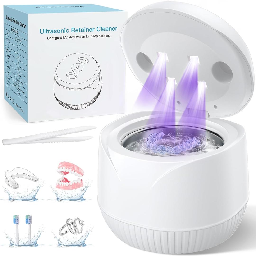 Dental Ultrasonic Retainer Cleaner Machine: 45kHz Dental Cleaning Pod with Digital Timer & 200ML, Deep Cleaning for Dentures, Mouth Guards, Aligners, Night Guards, Braces, Toothbrush Heads & Jewelry (White)