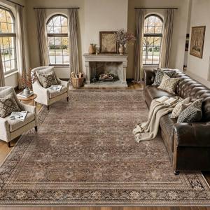 Schweek 10x14 Washable Area Rug Brown Neutral Vintage Distressed Large Rugs