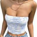 Women's Y2K Floral Strapless Tube Top Sleeveless Slim Fit Bandeau Crop Tops (Blue and White)