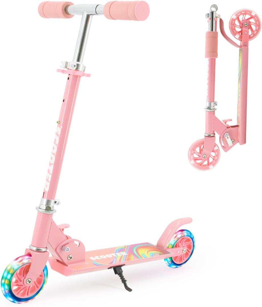 TENBOOM Scooter Toys for Kids Ages 6-12/3-5, Max Load 220 LBS, Foldable Lightweight Kick Scooter with Light Up Wheels, Kickstand, 3 Adjustable Levels, Rear Brake, Pink