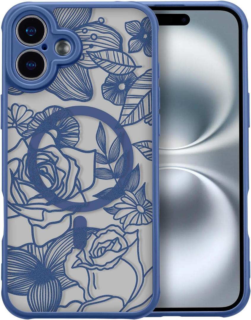 XIZYO Magnetic Case for iPhone 17 Floral Rose Cute Phone Case [Compatible with Magsafe] for Women Girls Aesthetic Pattern Slim TPU Shockproof Bumper Cover, Deep Blue