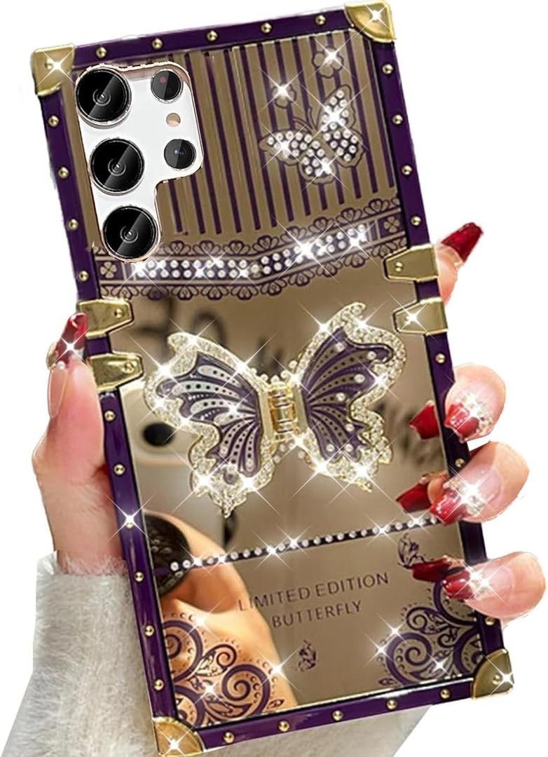 Changjia for Samsung Galaxy S25 Ultra Glitter Kickstand Case, Cute Luxury Bling Sparkly Diamond Butterfly Foldable Stand Elegant Mirror Shockproof Women Girl Protective Case for Galaxy S25 Ultra, Purple