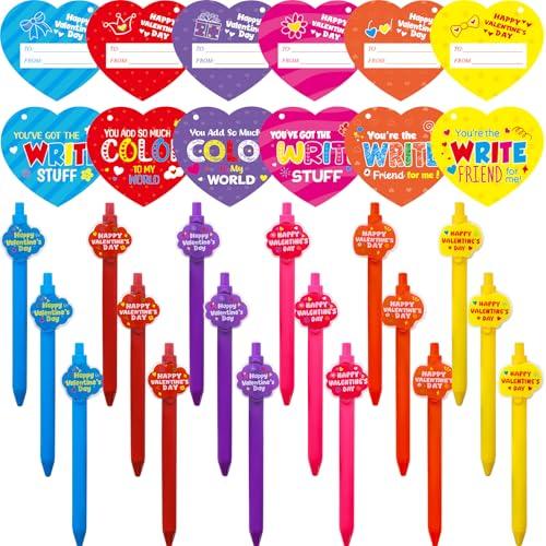 WorldBazaar 24 Pack Valentines Day Hearts Cards with Ballpoint Pens Valentine's Day Classroom Exchange Gift Set Kids Bulk Teacher Appreciation Pens Coworker Employee