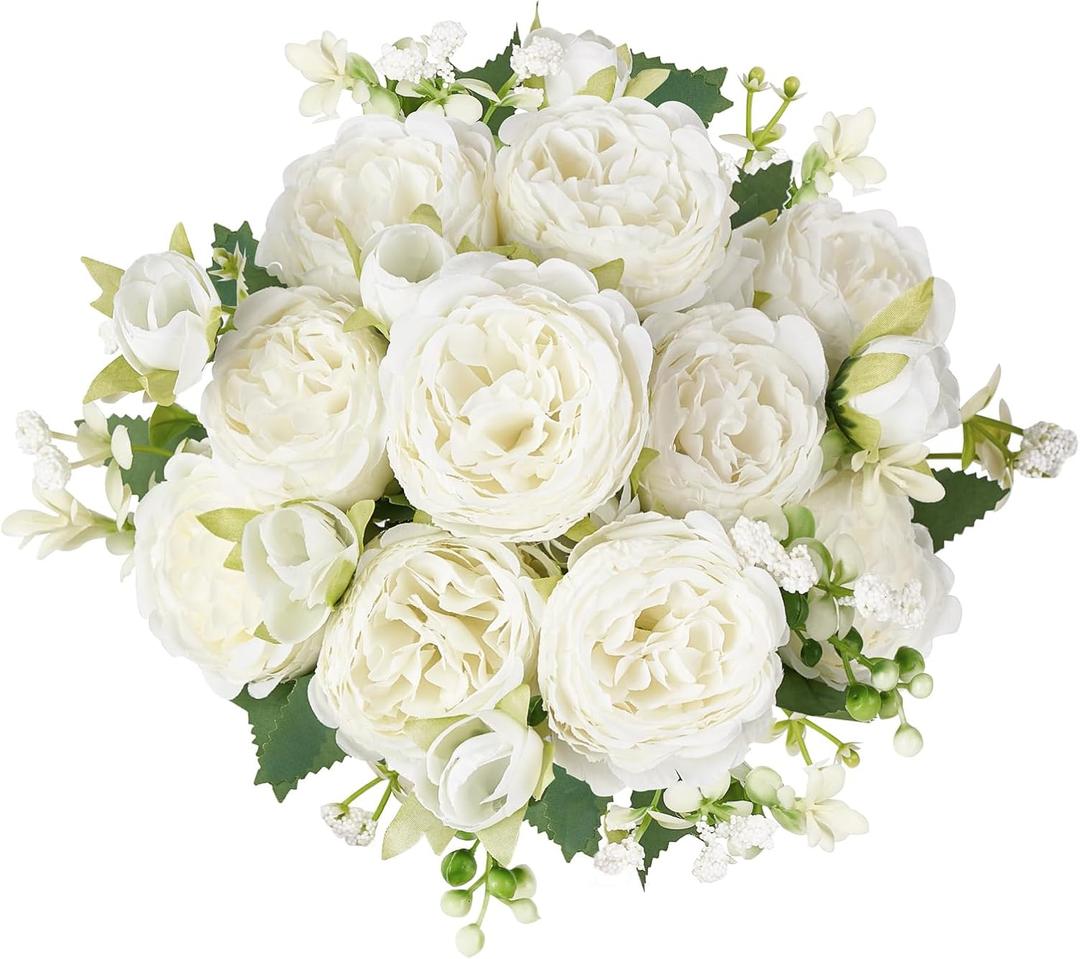 Mkono Peonies Artificial Flowers, Small Silk Flowers for Home Decor Indoor Fake Bouquet Faux Floral Arrangements Dining Table Centerpieces for Kitchen Party Decor White