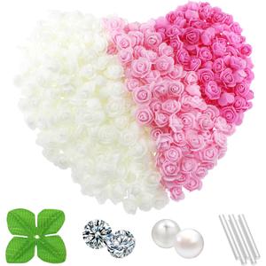 500 Pcs 1.4 Inch Mini Artificial Flowers Head Bulk 5 in 1 Set Faux Foam Fake Small Rose Tiny Baby Flores Bouquet Cake Gift Home Decoration DIY Craft (Pink, Light Pink, White Mixed) (19. Pink, Light Pink, White Mixed)