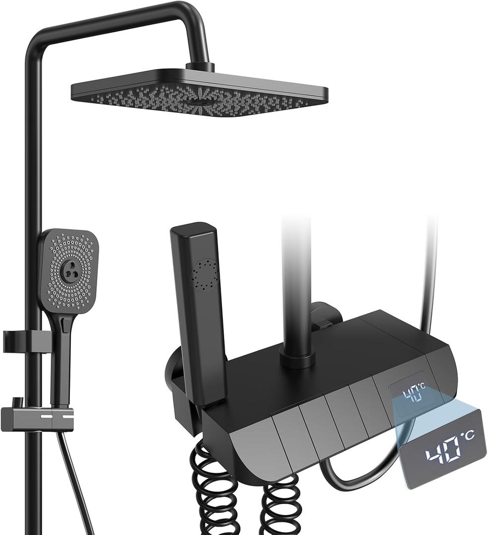 Shower System with Digital Temperature Display, Shower Faucet Set with 12 Inch Rain Shower Head and Handheld Shower Head Fixtures, Wall Mounted Rainfall Shower Fixtures with Piano Keys (12 Inch Black)