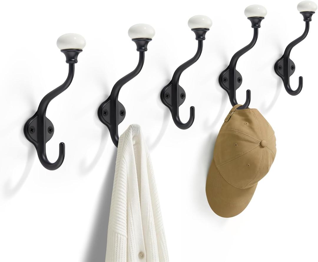 TUNNY Coat Hooks - 5 Pack Matte Black Towel Hooks Robe Hooks Decorative Wall Hooks for Bathroom Bedroom Kitchen Towel Robe Clothes Cabinet Closet Bathroom Hardware