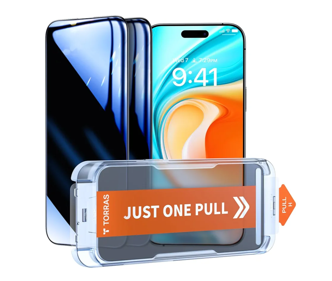 TORRAS 2-Pack Military-Grade 12FT Shatterproof iPhone 16 Pro Privacy Screen Protector, 9H+ Tempered Glass, Just-One-Pull Installation, GlassGo X Privacy