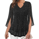 Tencole Womens 3/4 Ruffle Sleeve Sparkly Tops Sequin V Neck Blouses Dressy Casual Shirts, Size L