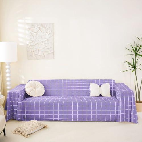 Erosebridal Purple Checkered Couch Cover Geometric Gingham Plaid Soft Sofa Cover 71" x 118" Buffalo Plaid Grid Sofa Slipcover Modern White Grids Lines Couch Protector