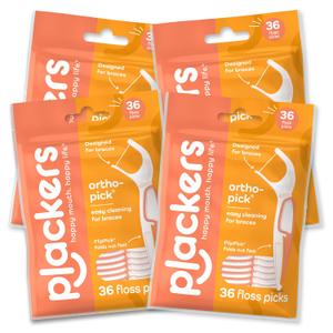 Plackers OrthoPick Floss Picks Designed for Braces, Tuffloss Made Without PTFE, FlipPick Clean Between Brackets, 36 Count (4 Pack)