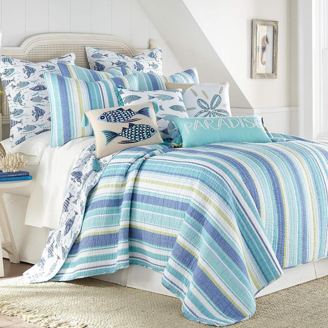 Levtex Home Laida Beach Bedding Set - 3Piece, Blue, Cotton, King Quilt & 2 Shams, Reversible, Coastal Stripe, Tropical Fish