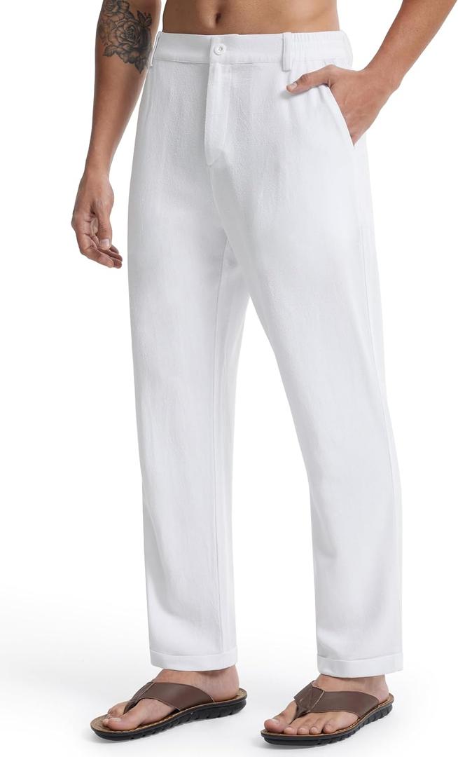 Libin Men's Linen Pants Elastic Waist Lightweight Casual Pants Comfy Summer Beach Travel Lounge Trousers with Pockets (White, L)