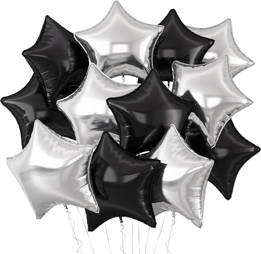Black Silver Star Balloons,12Pcs Black Star Shaped Foil Balloons,18Inch Large Silver Helium Balloon for Birthday Baby Shower Anniversary Wedding Party Decorations