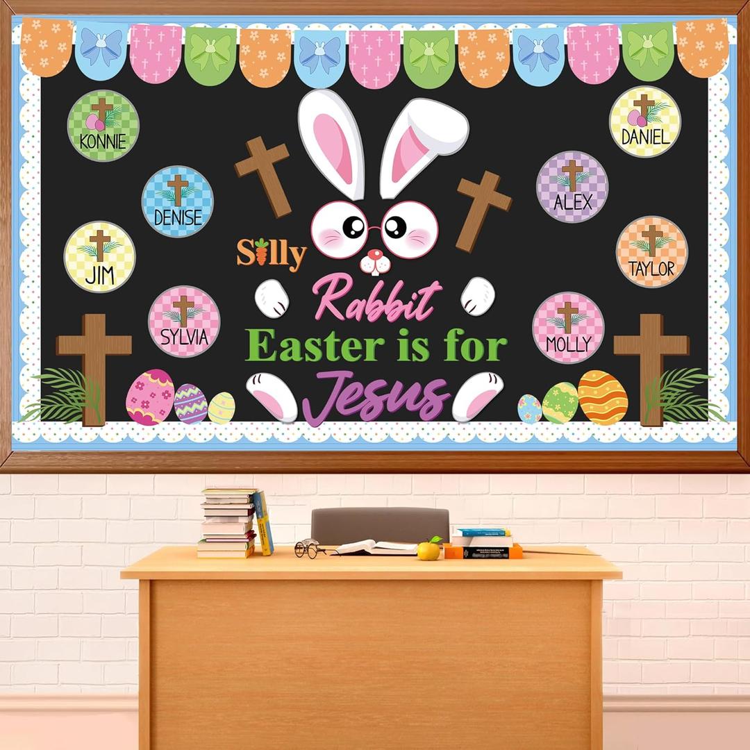 2 x Easter Cross Bulletin Board Set Easter Christian Bunny Bulletin Board Decorations Spring Jesus Paper Cutouts with Name Tags for Classroom Sunday School Church Decor