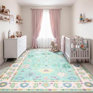 LIVEBOX Washable Oushak Pink Boho Area Rug, 8x10 Machine Washable Rugs for Bedroom Girls Living Room, Soft Blush Floral Non Slip Turkish Pastel Thin Floor Carpet for Classroom Playroom Home Decor