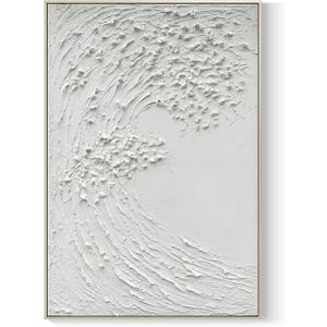 GeekMacro White Textured Wall Art - Hand Painted Ocean Waves Oil Painting Framed Large Minimalist Canvas Artwork for Living Room 45x30 Vertical Wall Decor