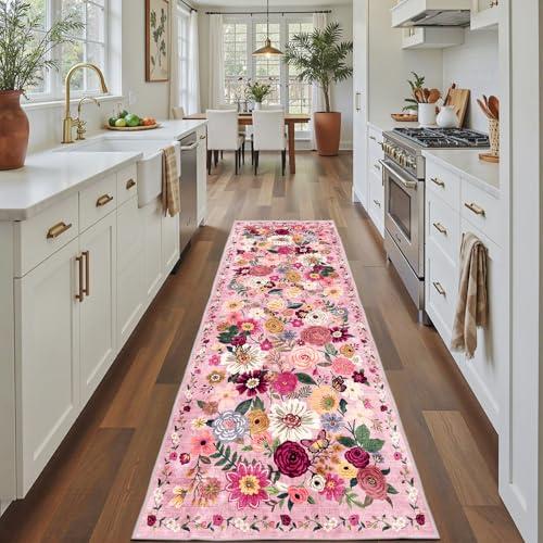 Pink Rug for Hallways Kitchen Rug 2x8, Non Slip Washable Rugs with Rubber Backing Soft Floral Carpet Runner for Hallways, Kitchen, Laundry, Bedroom, Bathroom (2 x 8, Pink Garden)