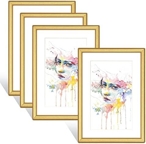 Fkvat 4x6 Picture Frames Set of 4, Gold Matte Thin Modern Metal, for Horizontal & Vertical Wall Hanging and Tabletop, Aluminum Floating Photo Frame, Display 3x5 with Mat or 4x6 without Mat (4 Pack)