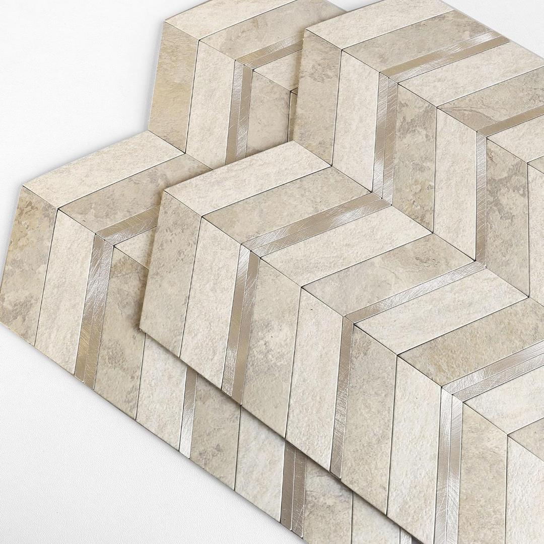 Stone Look Herringbone Peel and Stick Backsplash for Kitchen,Chevron Stick on Backsplash Mosaic Wall Tiles(Beige,10PCS)