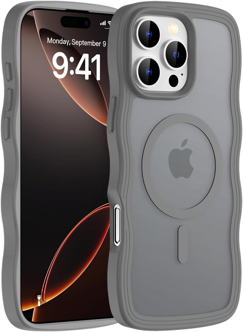 2 x Hualele for iPhone 16 Pro Max Case Cute for Women, Compatible with MagSafe, Military Grade Dropproof Translucent Matte Back Curly Wave Edge Slim Girly Phone Case 16 Pro Max Case, Grey