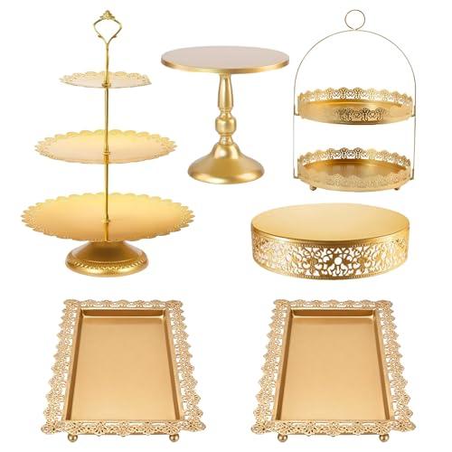 Haploon 6 Pcs Gold Cake Stands Set, Metal Dessert Display Sets, Tiered Cupcake Holder Tower Cakes Display Pedestal, Square Serving Trays Round Tower Tray Platter for Wedding Birthday Party Celebration