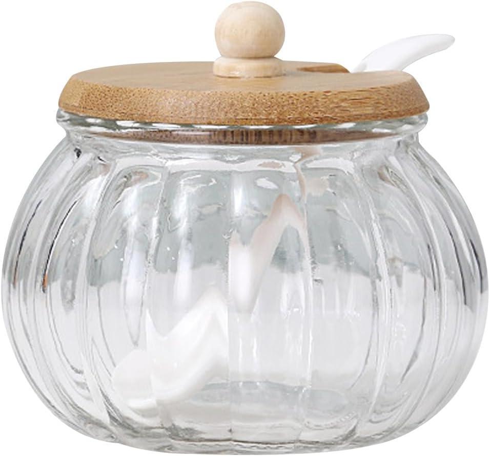 LIFKOME Salt Cellar Glass Sugar Bowls with Wooden Lid Pumpkin Shaped Jar Condiment Pots Salt Canister Seasoning Storage Containers Candy Jar for Kitchen Salt Cellar Salt Box