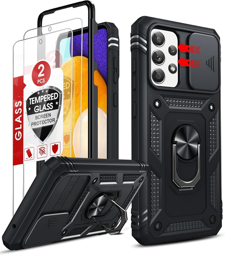 LeYi for Samsung A52 Phone Case: Galaxy A52 5G Phone Case with [2 Pack] Screen Protector, Slide Camera Cover & Full Body Military-Grade Protection with Kickstand Funda para A52 Samsung, Black