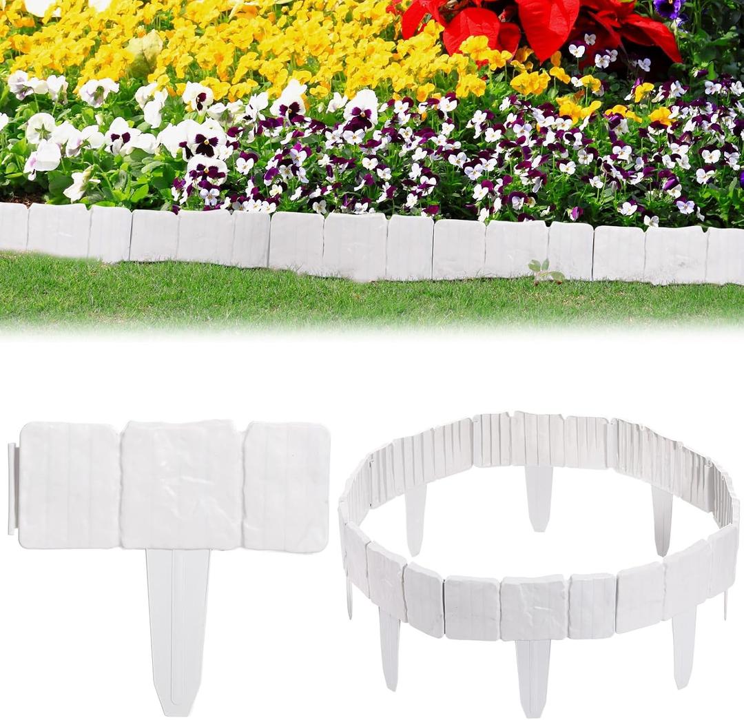 48 Pcs Landscaping Edging Border 37 ft Plastic Garden Border Edging Bulk for Lawn Decorative Stone Like Flower Bed Fence Set for Yard Landscaping Interlocking Stakes for Plant(White)