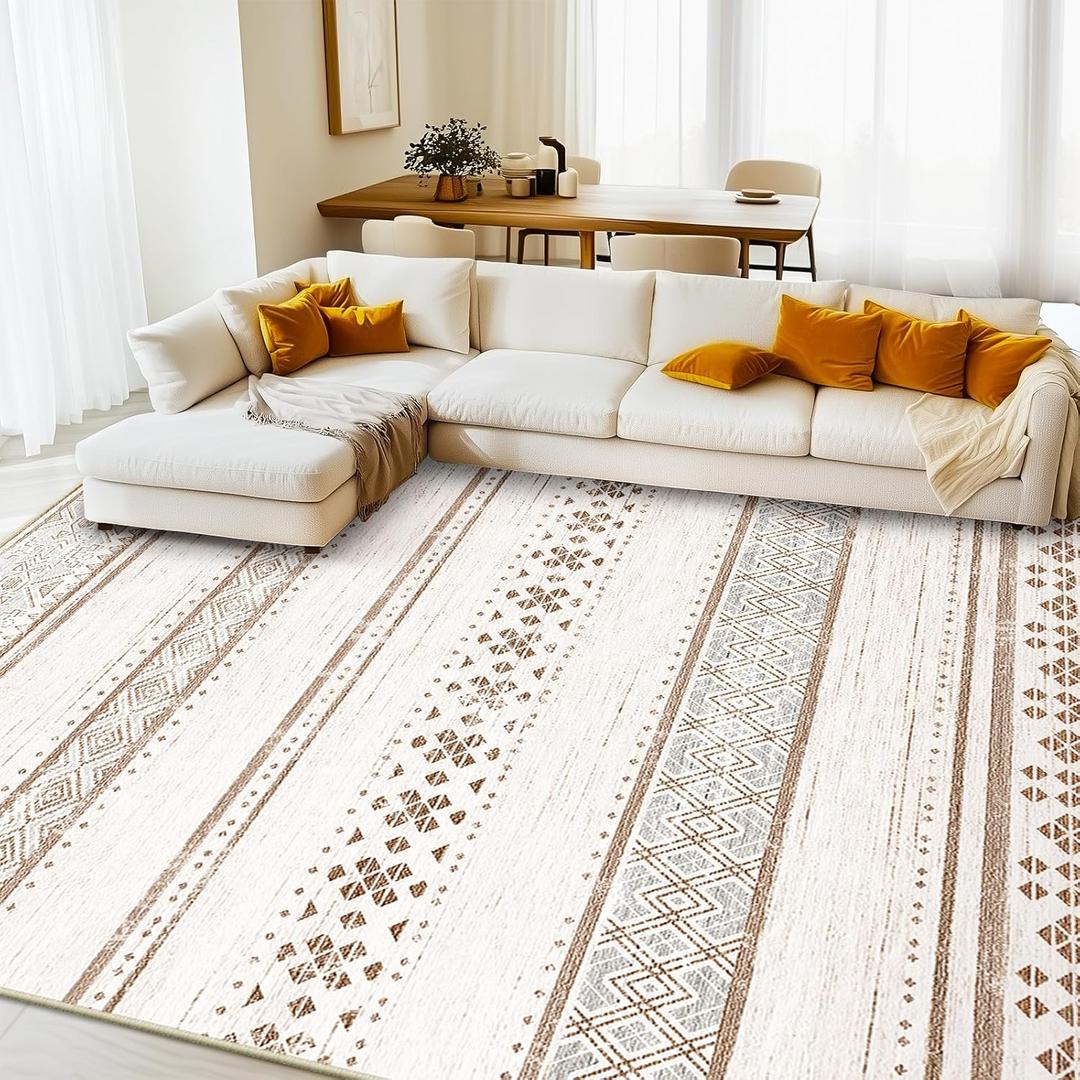 BESTSWEETIE 9x12 Area Rugs for Living Room Washable Moroccan Farmhouse Neutral Geometric Low Pile Non-Slip Soft Print Pattern Rug for Bedroom Kitchen Dining Room Entryway Cream/Brown/Pink