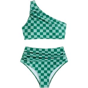 SOLY HUX Women's Plaid Bathing Suit Checkered Print One Shoulder Ruched High Waisted Bikini Set Two Piece Swimsuit (Large)