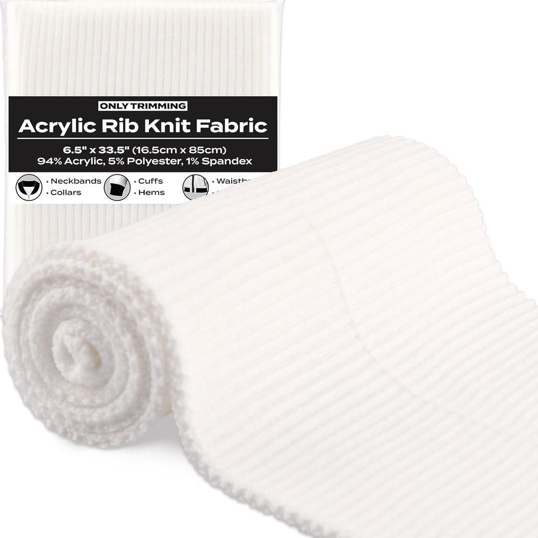 ONLY TRIMMING 2x2 Acrylic Rib Knit Fabric, Warm & Soft, Stretchy Knitted Ribbing for Cuffs, Collars and Waistbands, AcrylicPolyester Blend, 6.5 x 33.5 Inches (Off White, 6.5 x 33.5 Inches)