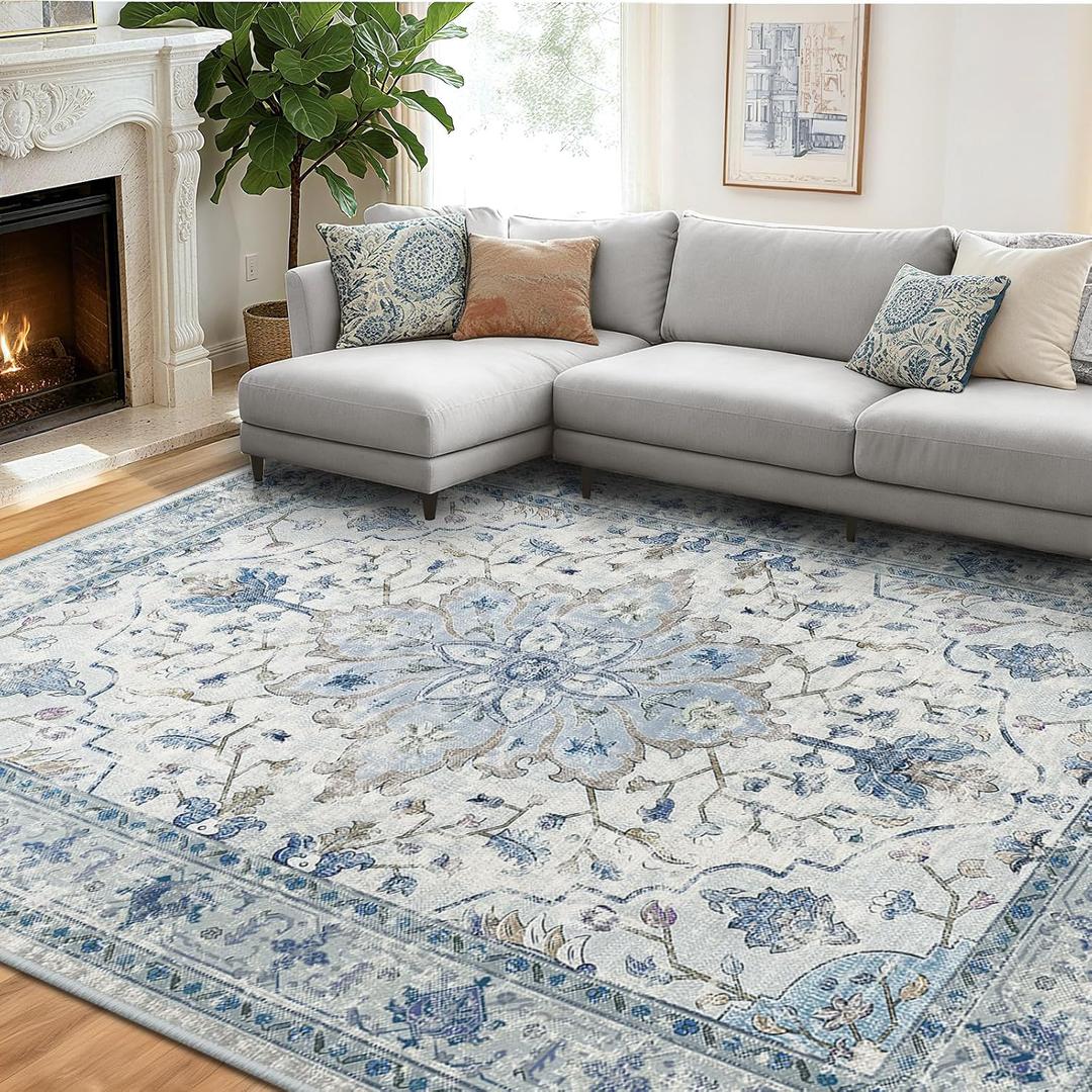 RELEANY Washable Vacuum-Friendly Area Rugs 8'x10' Blue/Gray
Low Pile Stain-Resistant, Soft Non-Slip, Floral Vintage Distress Print Pattern Medallion, for Living Room Bedroom Hallway