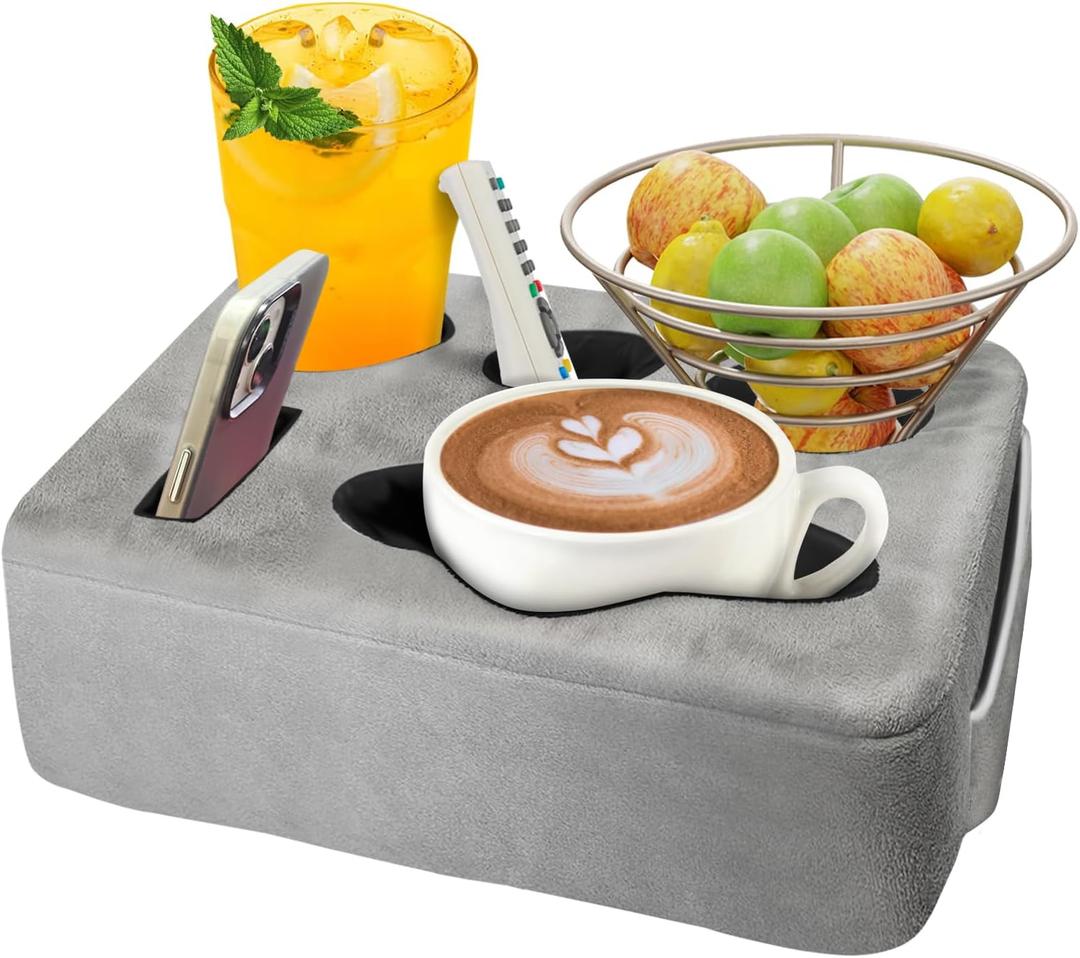 Couch Bed Cup Holder Pillow, Nisdoing 5 Hole Couch Drink Holder! Keep Drinks Hand Side and KeepTemp, Prevent Spills and Use Anywhere. Cup Holder for Couch, Bed,Camping,RV,Car,Beach. Gray