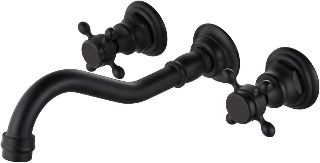 Midanya Bathroom Widespread Sink Faucet Wall Mount 3 Holes 2 Cross Knobs Brass Lavatory Basin Mixer Tap Mixing Spout Double Handles Commercial Matte Black NO Hot Cold Sign, Matt Black