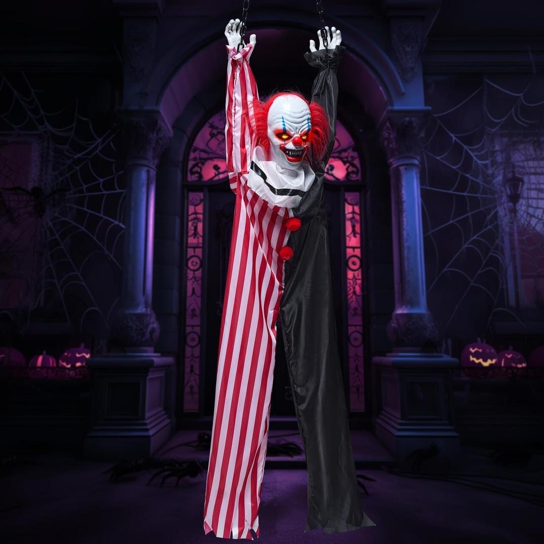 JOYIN 65" Halloween Hanging Scary Clown Decorations with Chain, with LED Lights Talking Animatronics Decor Outdoor Indoor for Haunted House Lawn Yard Patio