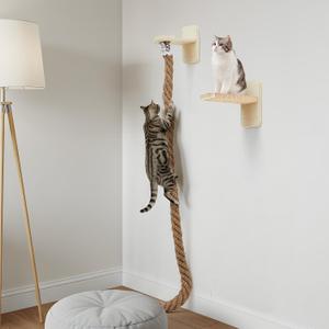 Weysat 2" x 4.92 ft Cat Climbing Rope with 2 Jumping Platform Wall Mounted Thick Jute Cat Scratching Post Furniture Wall Climbing System for Kittens & Large Cats(Wood,Regular)