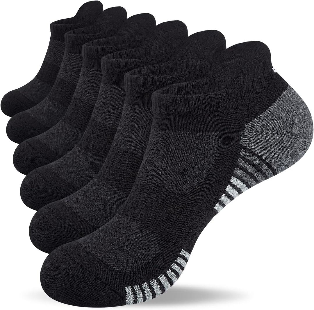 Lapulas Athletic Running Ankle Socks, Low Cut Cushioned Anti-Blister Tab Sports Socks Men Women 6Pairs (Medium, Stripe-black)