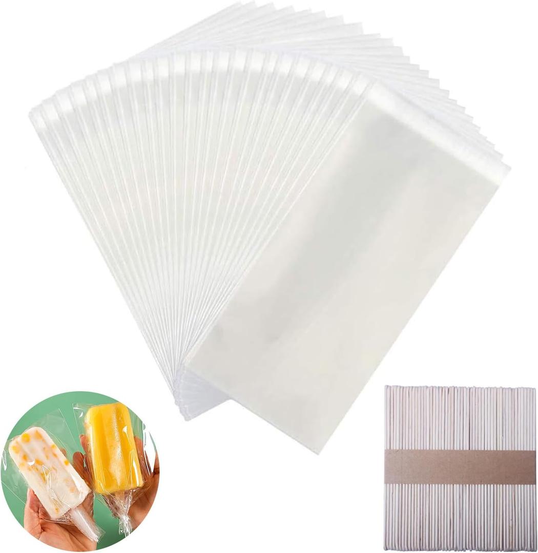 Miaowoof 200PCS Popsicle Sticks and 200PCS Bags, Ice Pop Sticks and Bags For Ice Cream, Self-adhesive Clear Popsicle Wrappers and Sticks (400 Piece Set)